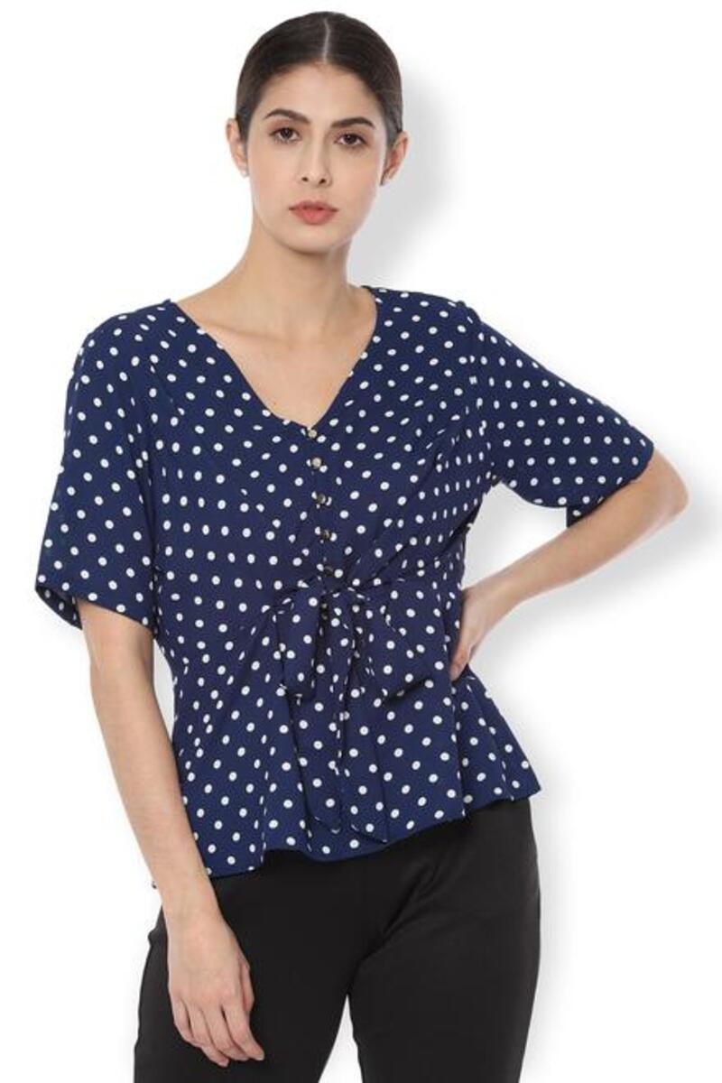 Van Heusen Woman Polka Doted Yoke Buttoned V Neck Top With Front Tie-Up Waist - Navy