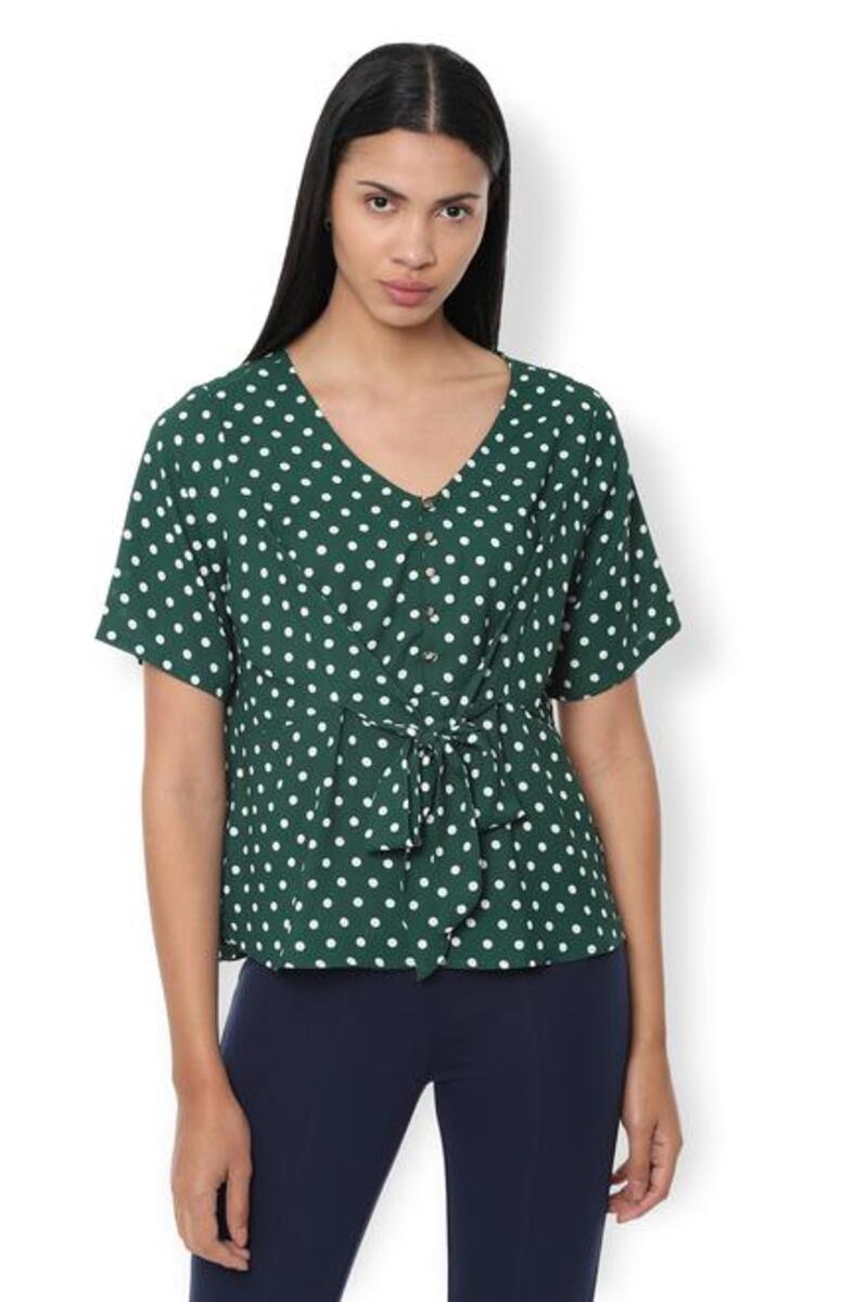 Van Heusen Woman Polka Doted Yoke Buttoned V Neck Top With Front Tie-Up Waist - Green