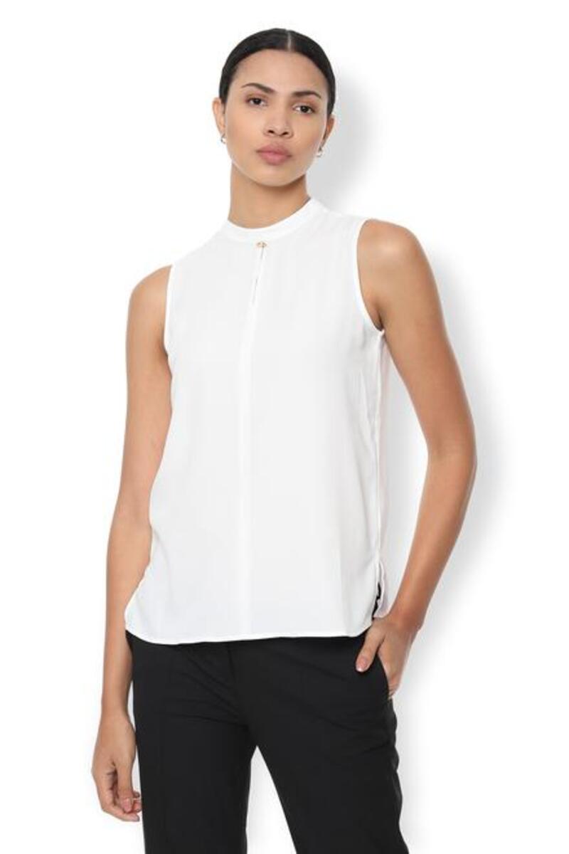 Van Heusen Woman Solid Color Sleeveless Top With Slitted High Neck - Off White