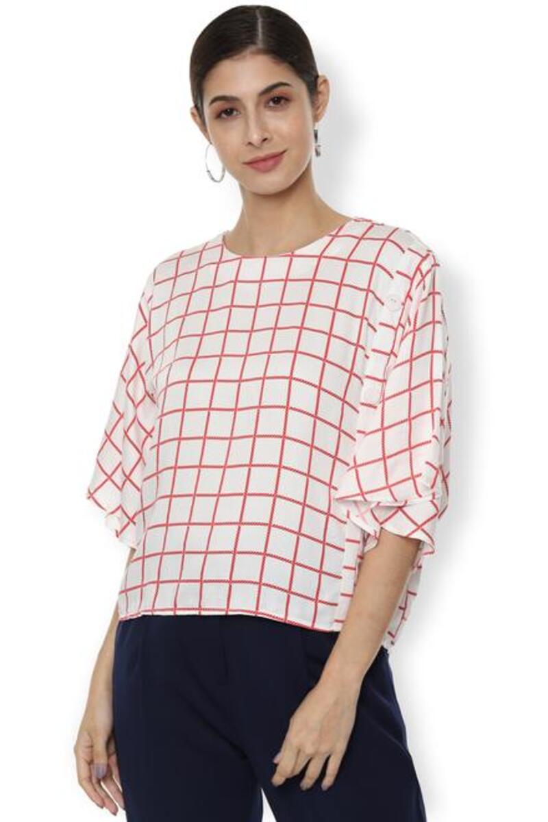 Van Heusen Woman Check Printed Round Neck Top With Circular Bell Sleeve - White