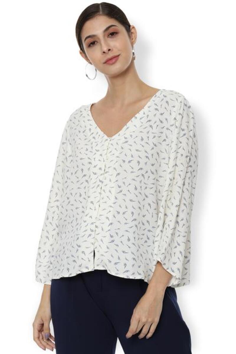 Van Heusen Woman Bell Sleeved Wide V Neck Printed Top With Front Open Button Hooks - Off White