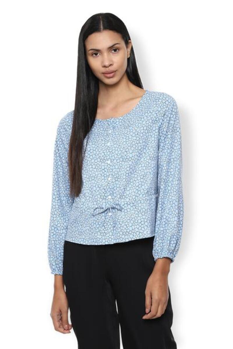 Van Heusen Woman Printed Round Neck Elastic Hem Sleeved Top With Center Front Buttons & Bow - Medium Blue