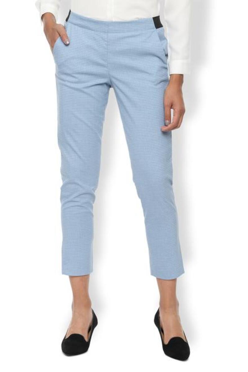 Van Heusen Woman Check Cropped Length Regular Fit Formal Trouser With Side Pocket - Light Blue