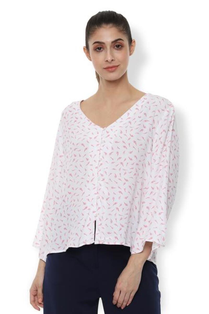 Van Heusen Woman Bell Sleeved Wide V Neck Printed Top With Front Open Button Hooks - Pink