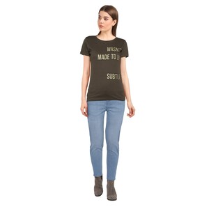 Jealous 21 Round Neck Short Sleeve Cotton T-Shirt with Glitter Words- Olive