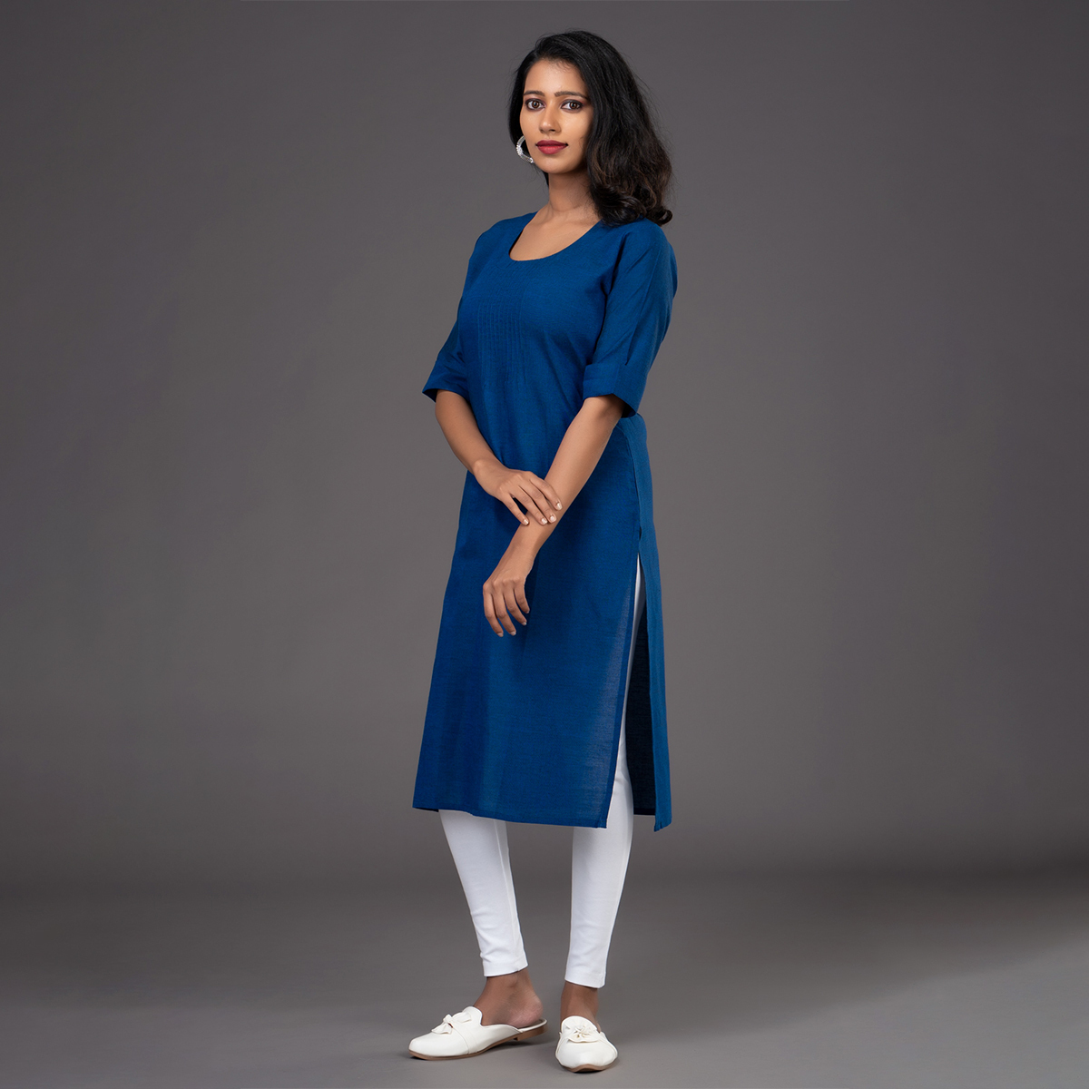 Zella Solid Color Side Slitted Straight Cut Kurta with Pin Tucked Yoke & Keyhole Back Neck - Royal Blue