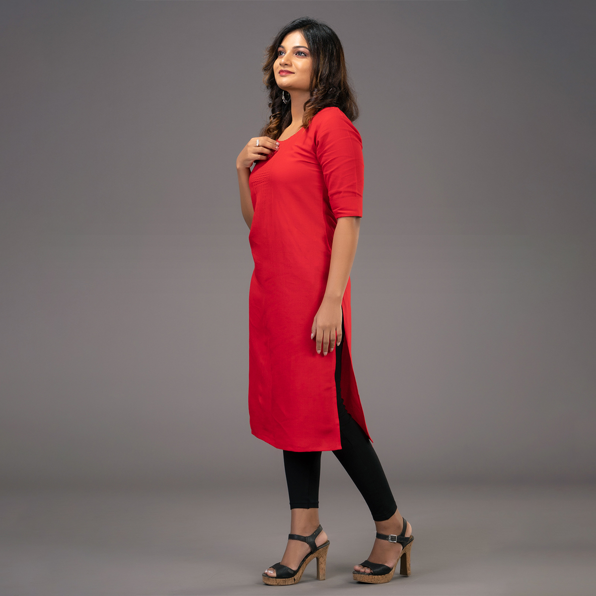 Zella Solid Color Side Slitted Straight Cut Kurta with Pin Tucked Yoke & Keyhole Back Neck - Red