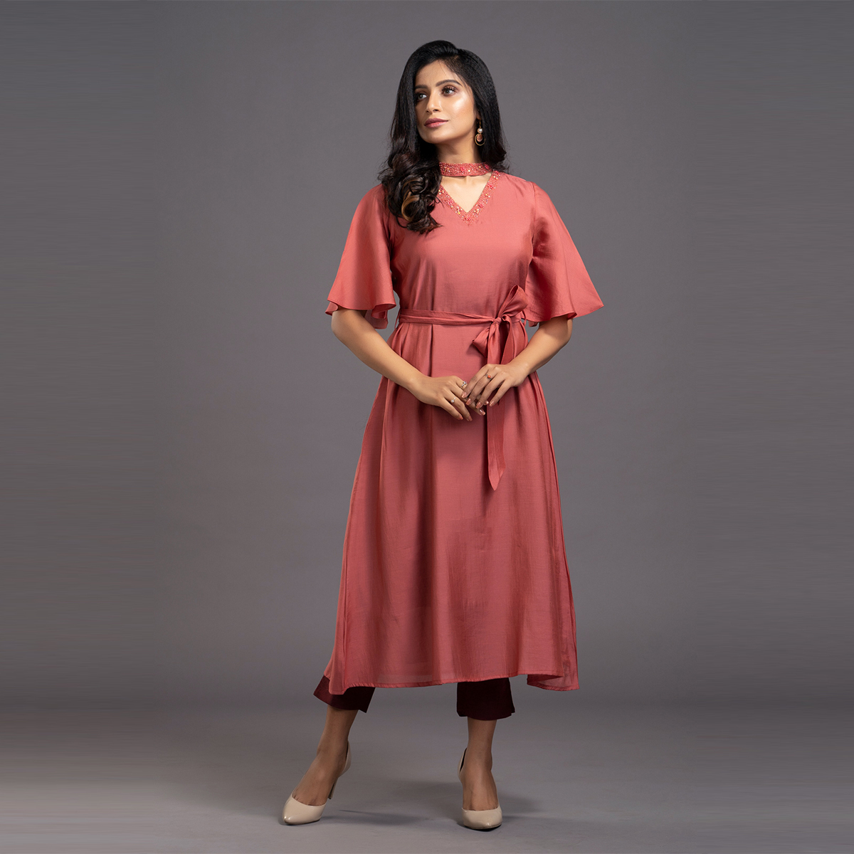 Zella Bell Sleeve Flare Dress Styled With Embellished Chocker Neck & Waist Tie-Up - Onion Pink