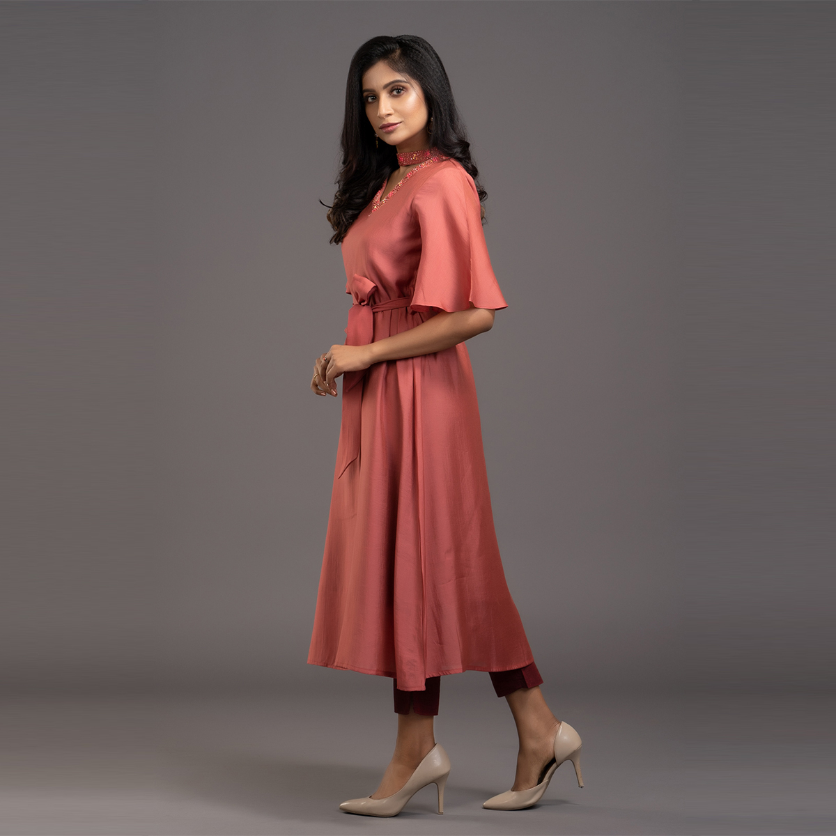 Zella Bell Sleeve Flare Dress Styled With Embellished Chocker Neck & Waist Tie-Up - Onion Pink