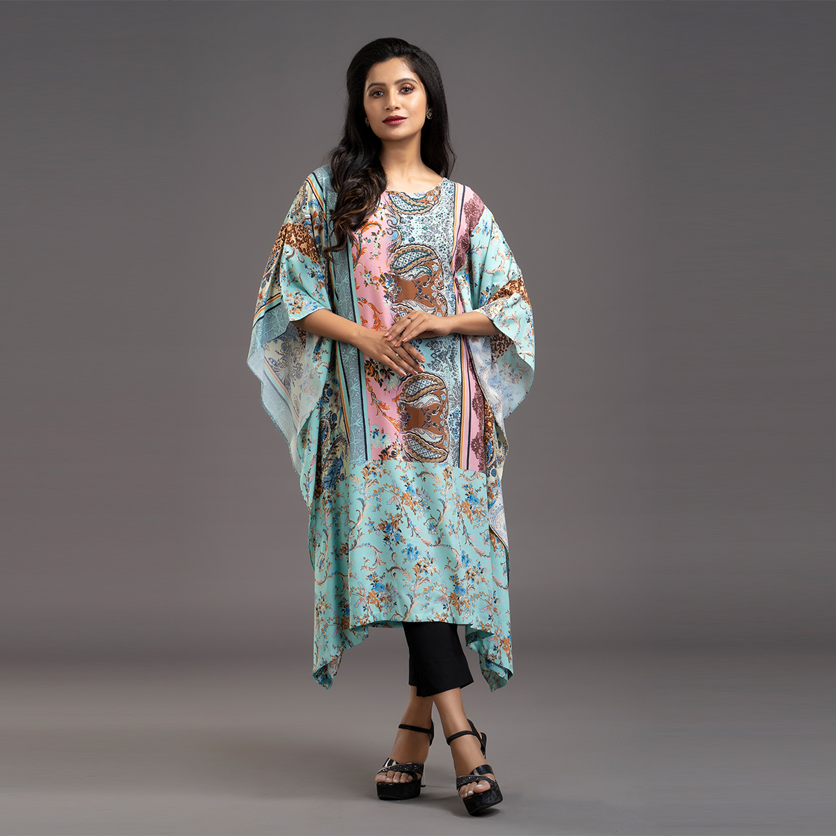 Zella Boat neck Rayon Printed Kafthan with embellishments - Sky Blue