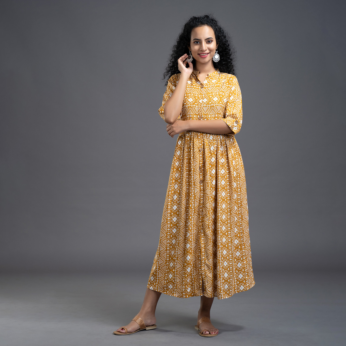 Zella Geometrical Printed Rayon Ankle Length Dress with Mandrin Collar & Front Buttoning with Slit - Mustard