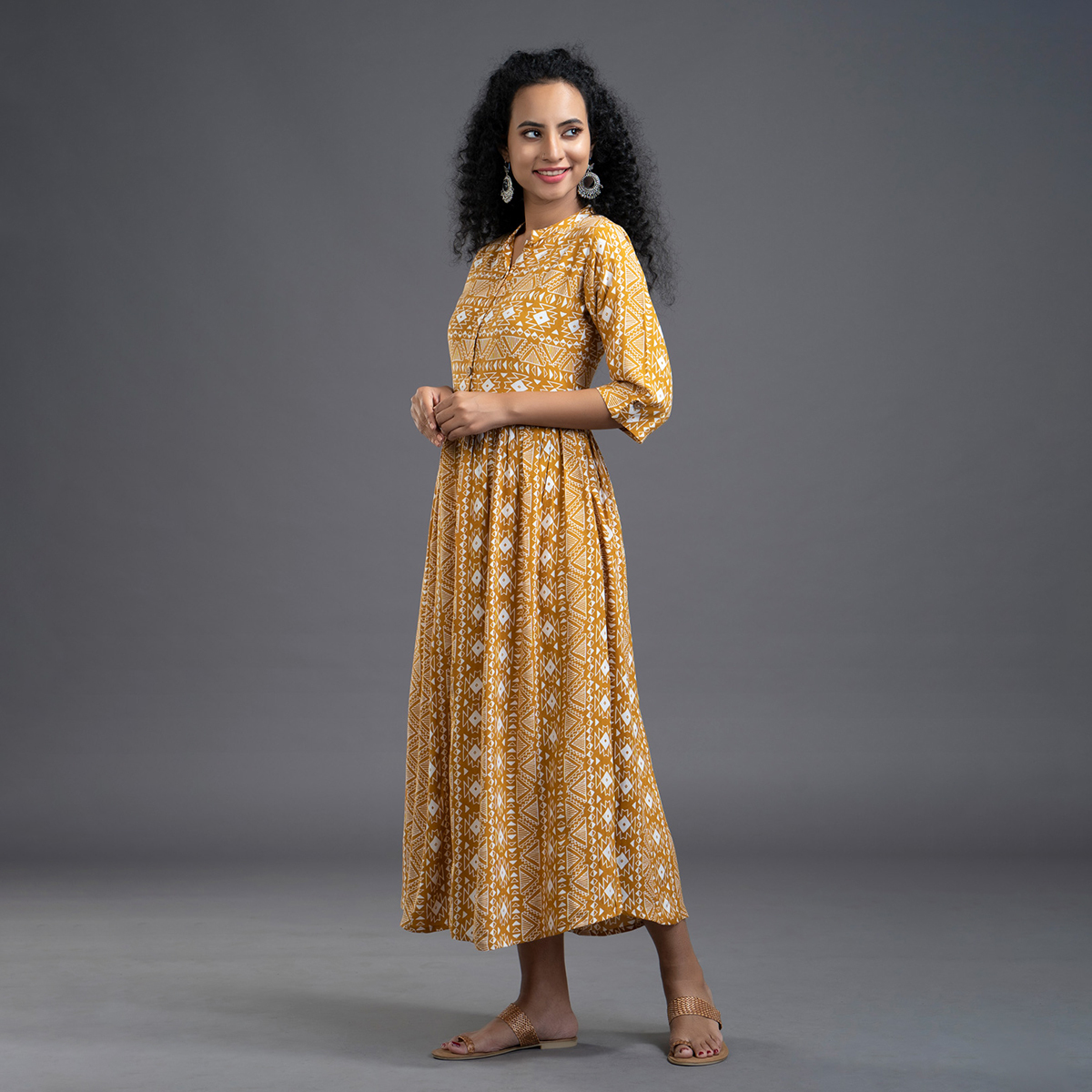 Zella Geometrical Printed Rayon Ankle Length Dress with Mandrin Collar & Front Buttoning with Slit - Mustard