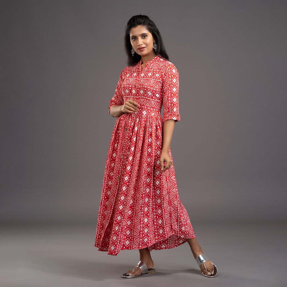 Zella Geometrical Printed Rayon Ankle Length Dress with Mandrin Collar & Front Buttoning with Slit - Red