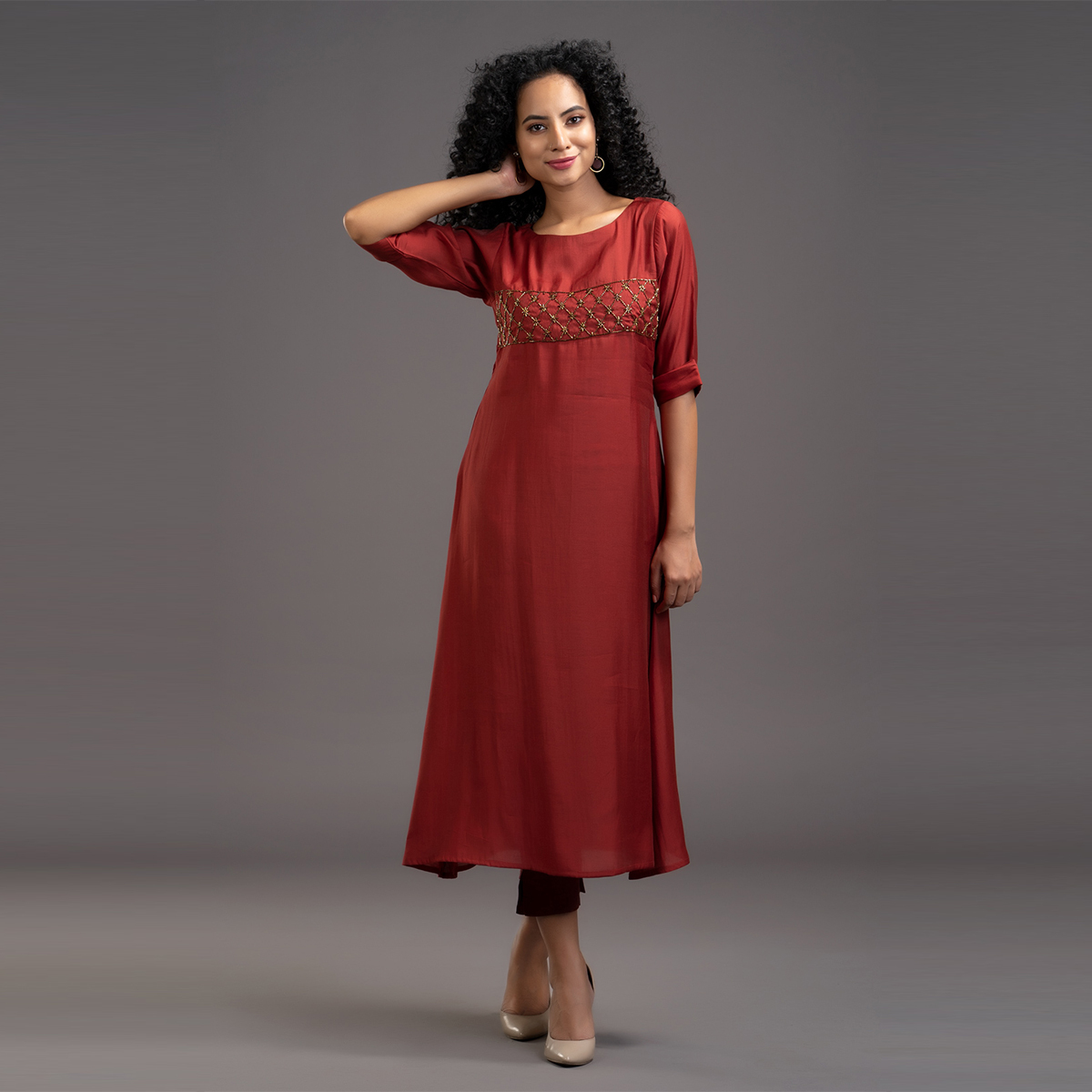 Zella Solid Color Pure Chanderi Silk A-Line kurta with embellished Embire line - Maroon