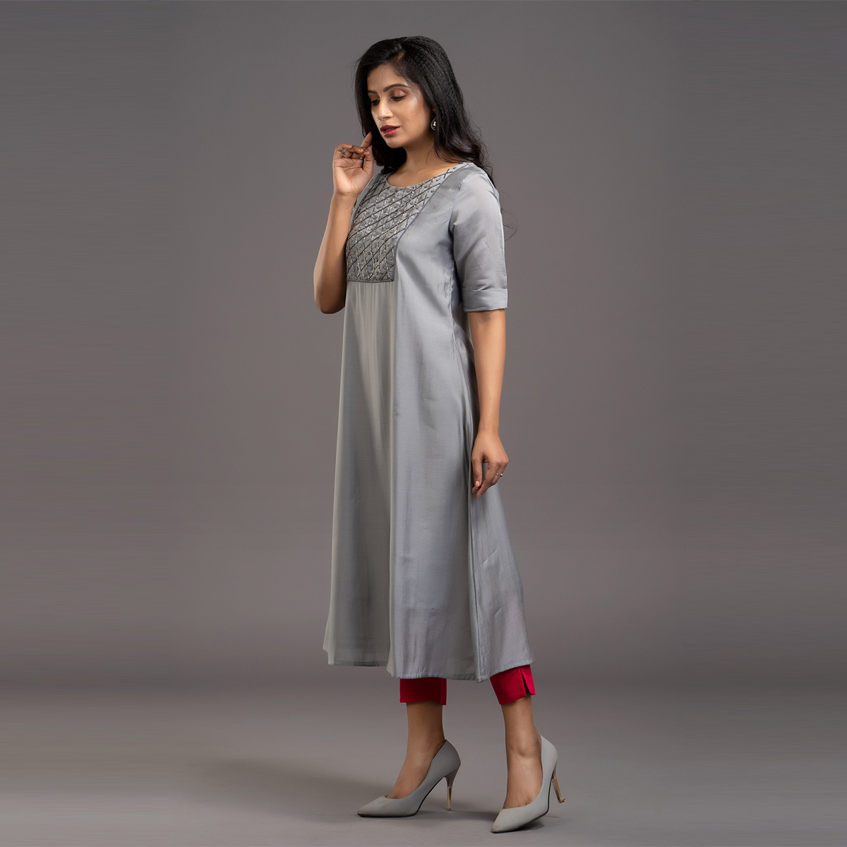 Zella Solid Color Pure Chanderi Silk A-Line kurta with embellished center front yoke - Grey