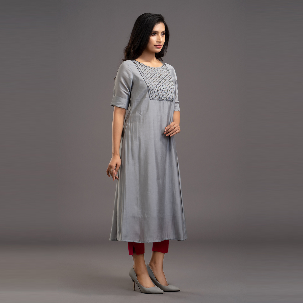 Zella Solid Color Pure Chanderi Silk A-Line kurta with embellished center front yoke - Grey
