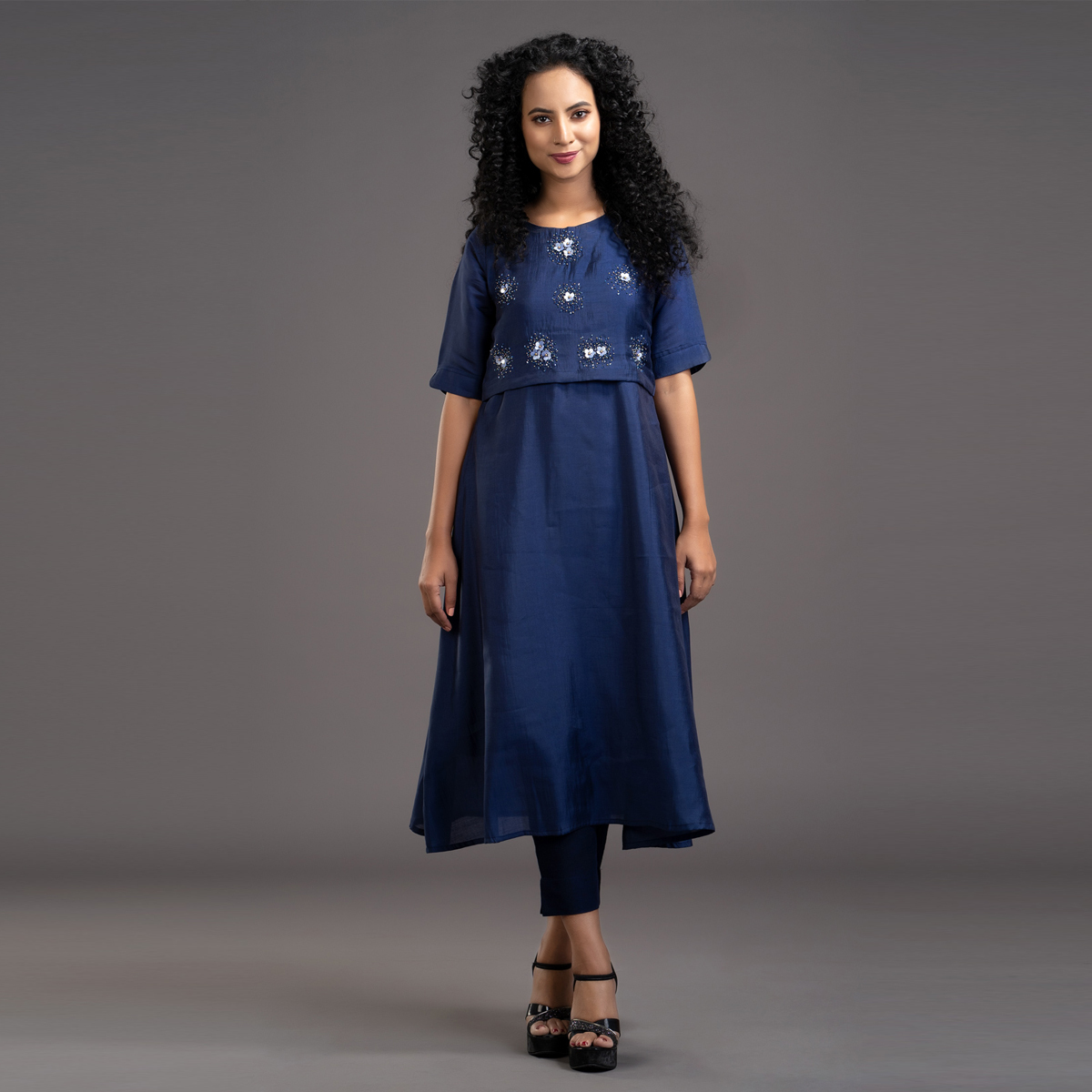 Zella Solid Color Cape Style pure chanderi silk A-line kurta with Embellishments - Navy Blue