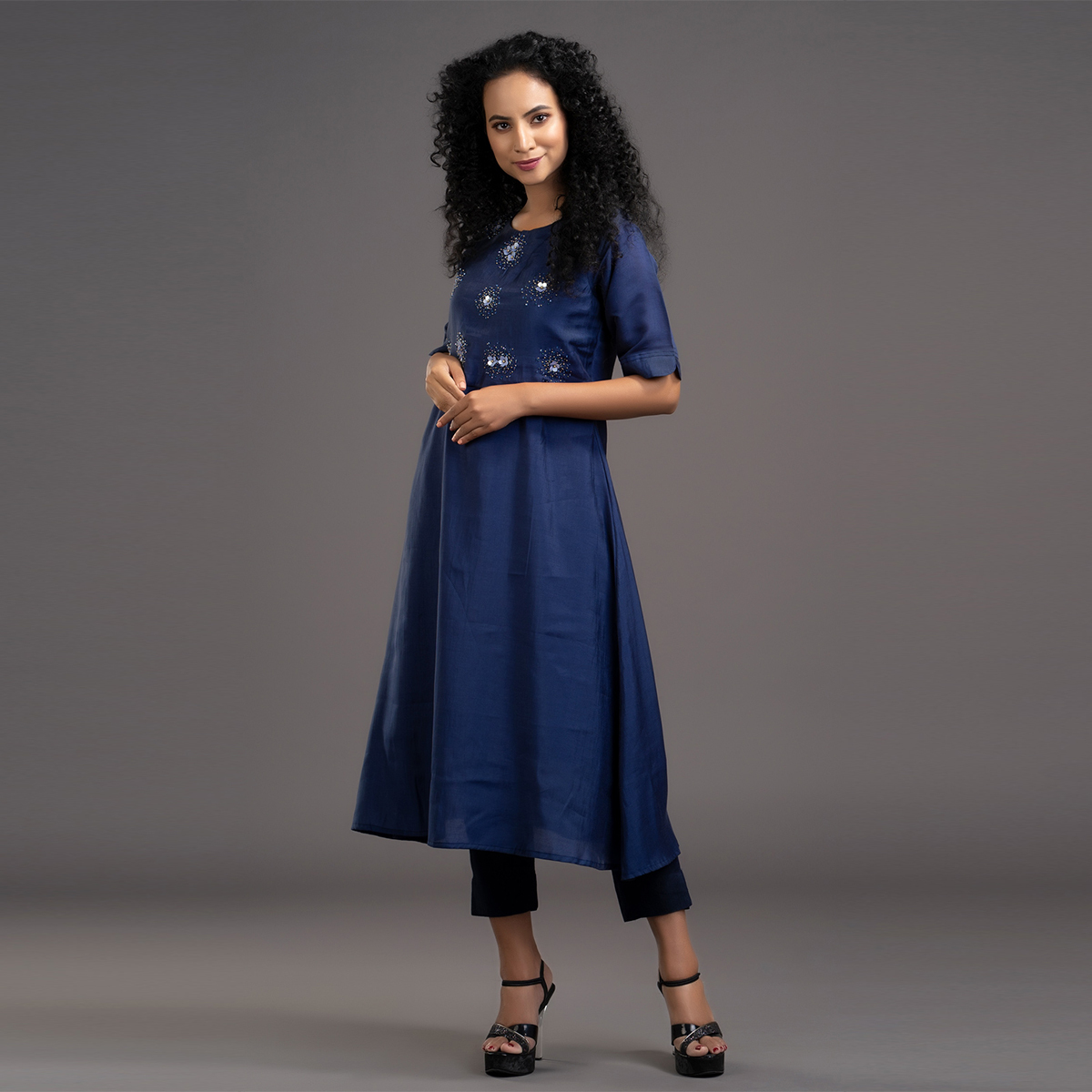 Zella Solid Color Cape Style pure chanderi silk A-line kurta with Embellishments - Navy Blue