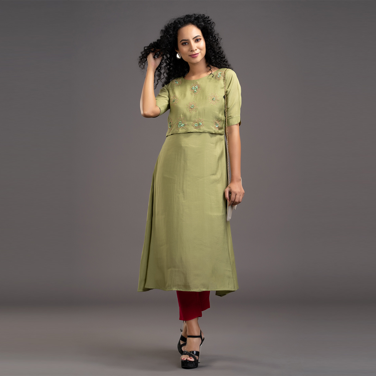 Zella Solid Color Cape Style pure chanderi silk A-line kurta with Embellishments - Parrot Green