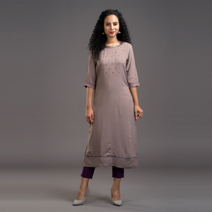 Zella Solid Color Pure Chanderi Silk Side Slitted Straight Cut kurta with Embellished Crew Neck - Dk.Ash