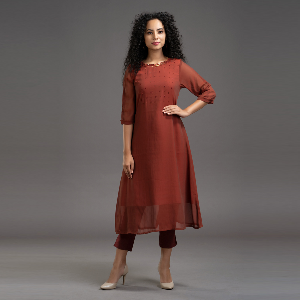 Zella Solid Color Double shaded chiffon A-Line kurta with embellished crew neck - Maroon