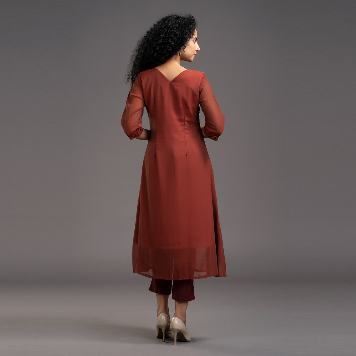 Zella Solid Color Double shaded chiffon A-Line kurta with embellished crew neck - Maroon