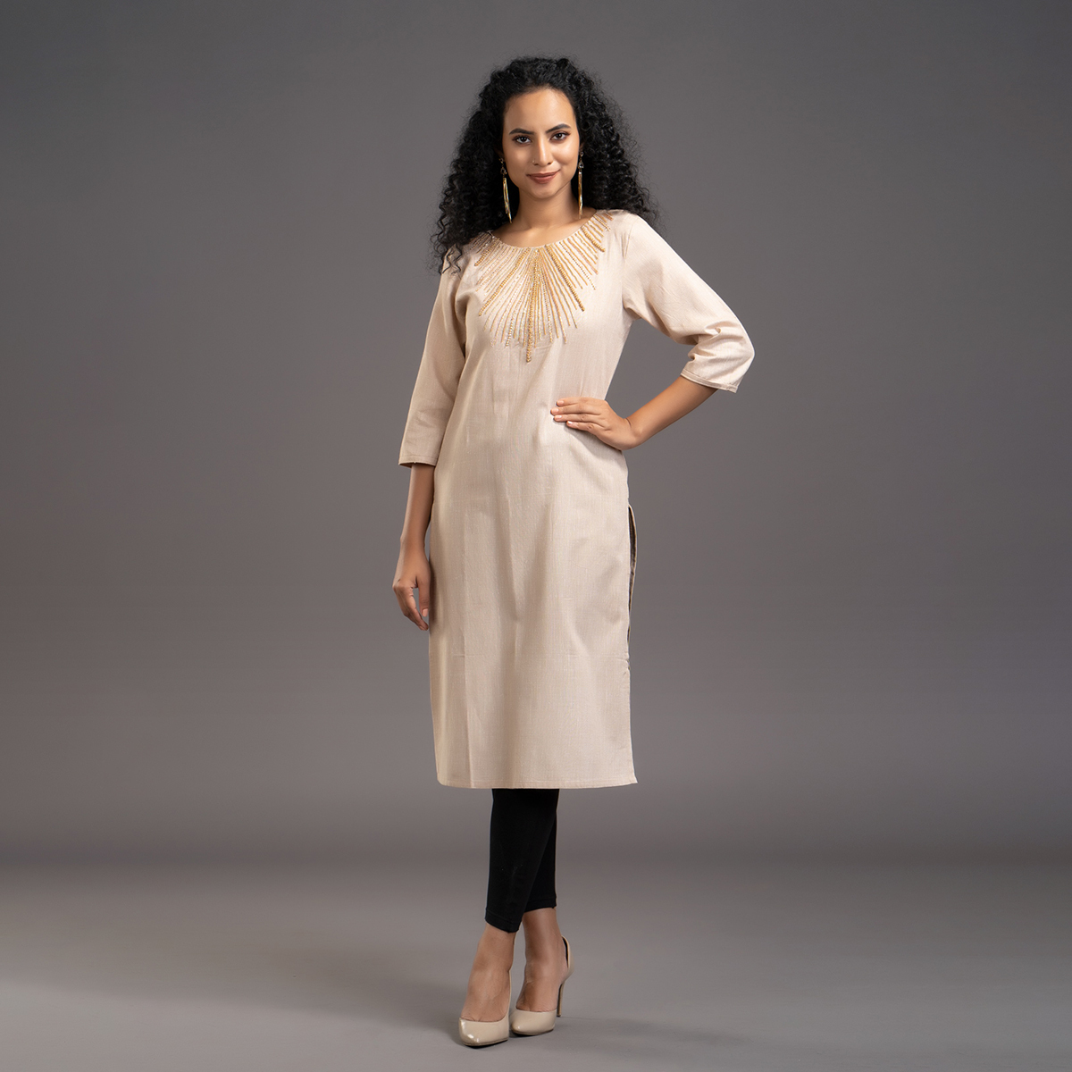 Zella Solid Color Hand Loom Cotton Staright cut kurta with Scattered Embellishments on Yoke - Cream