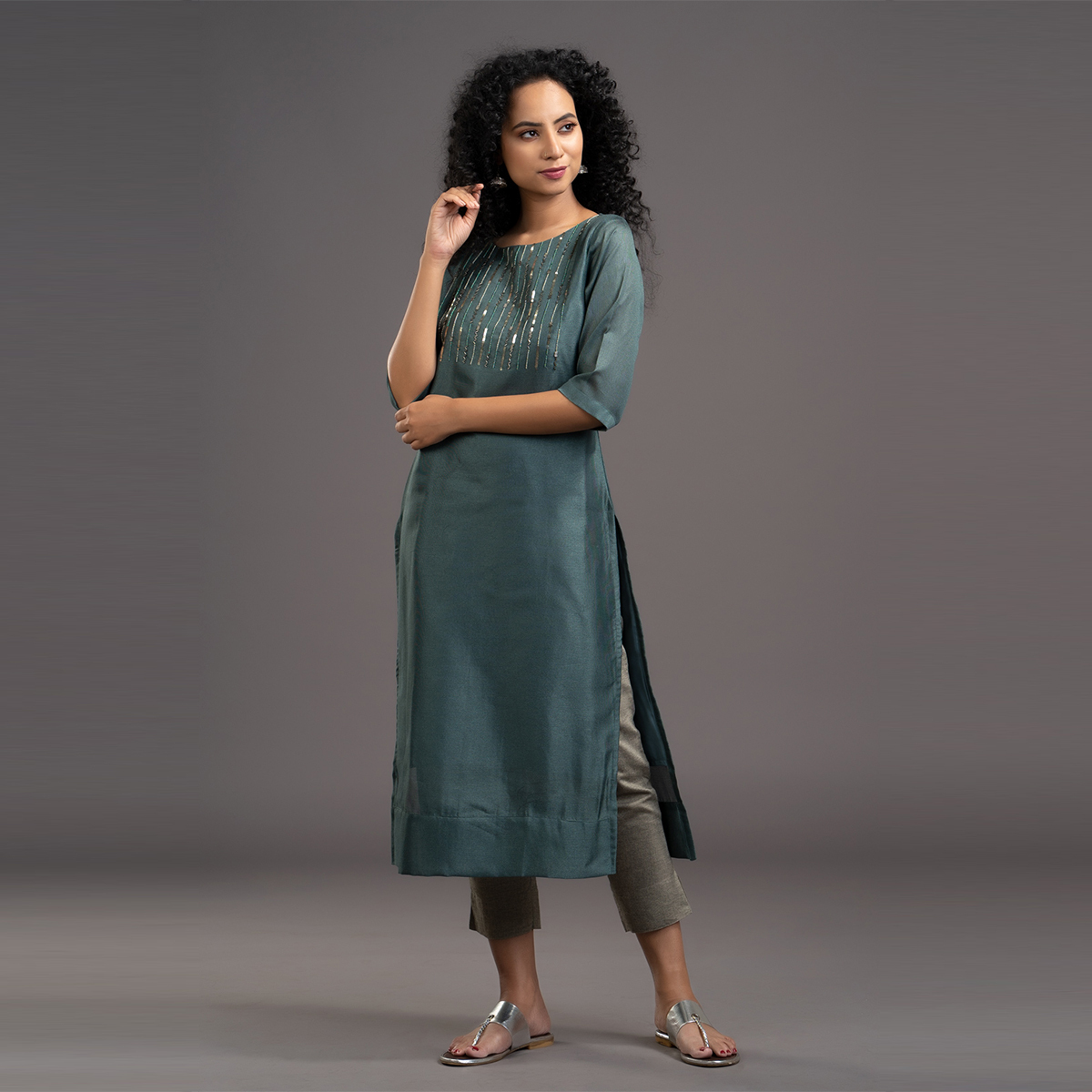Zella Solid COlor Net Cotta Straight cut kurta with Vertical Lined Rich Embellishments on Yoke - Green