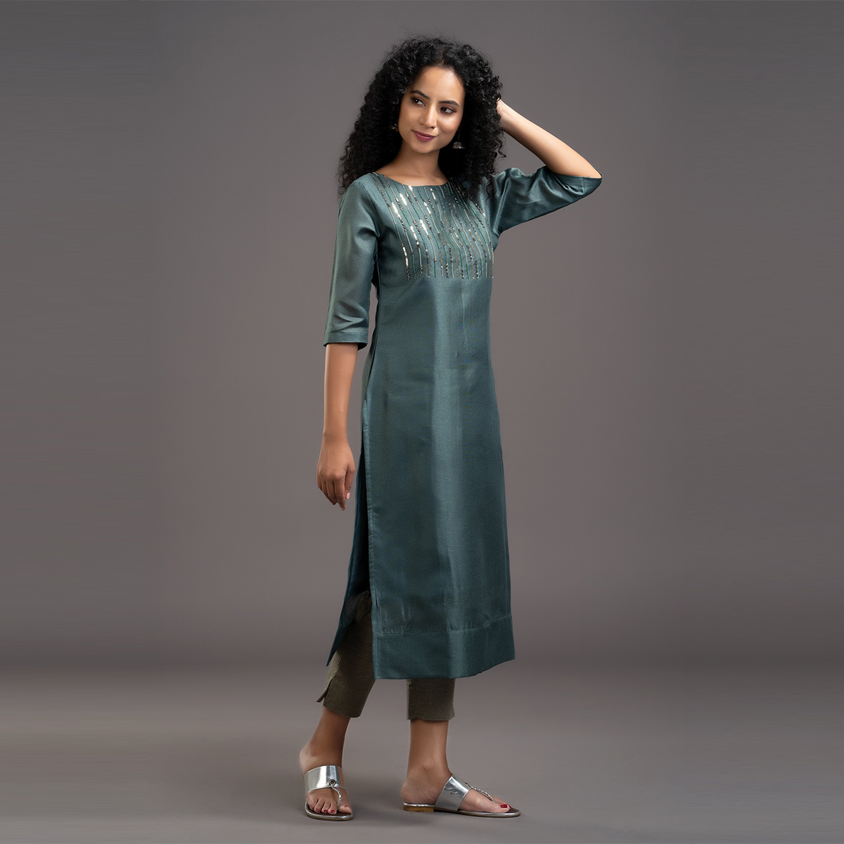 Zella Solid COlor Net Cotta Straight cut kurta with Vertical Lined Rich Embellishments on Yoke - Green