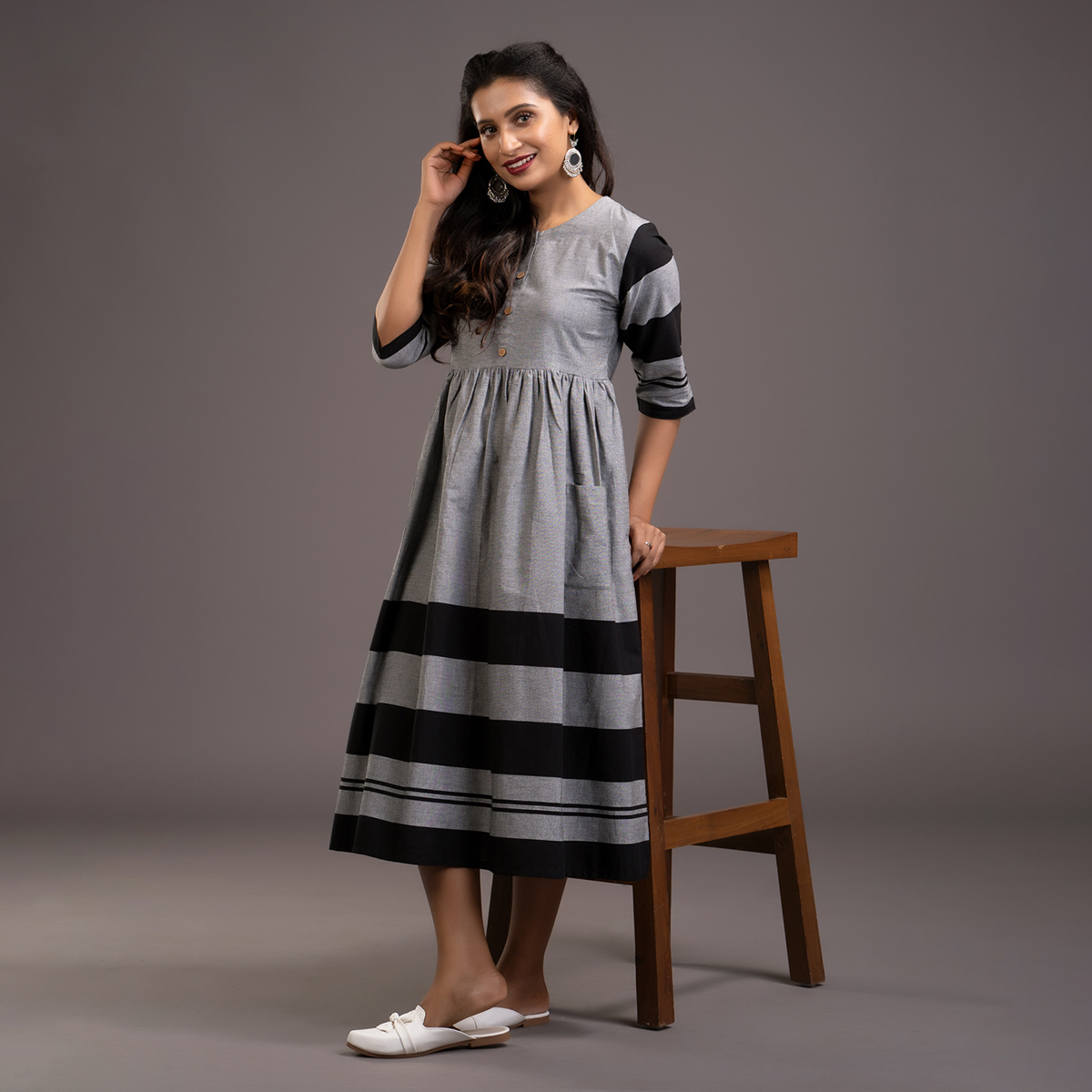 Zella Solid Color Border Detailed South Cotton Midi Dress with front Patch pocket styling - Ash