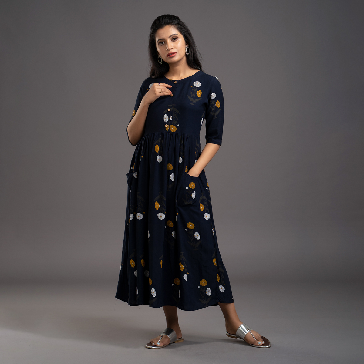 Zella Floral Printed Rayon Midi Dress styled with Patch pockets - Navy Blue