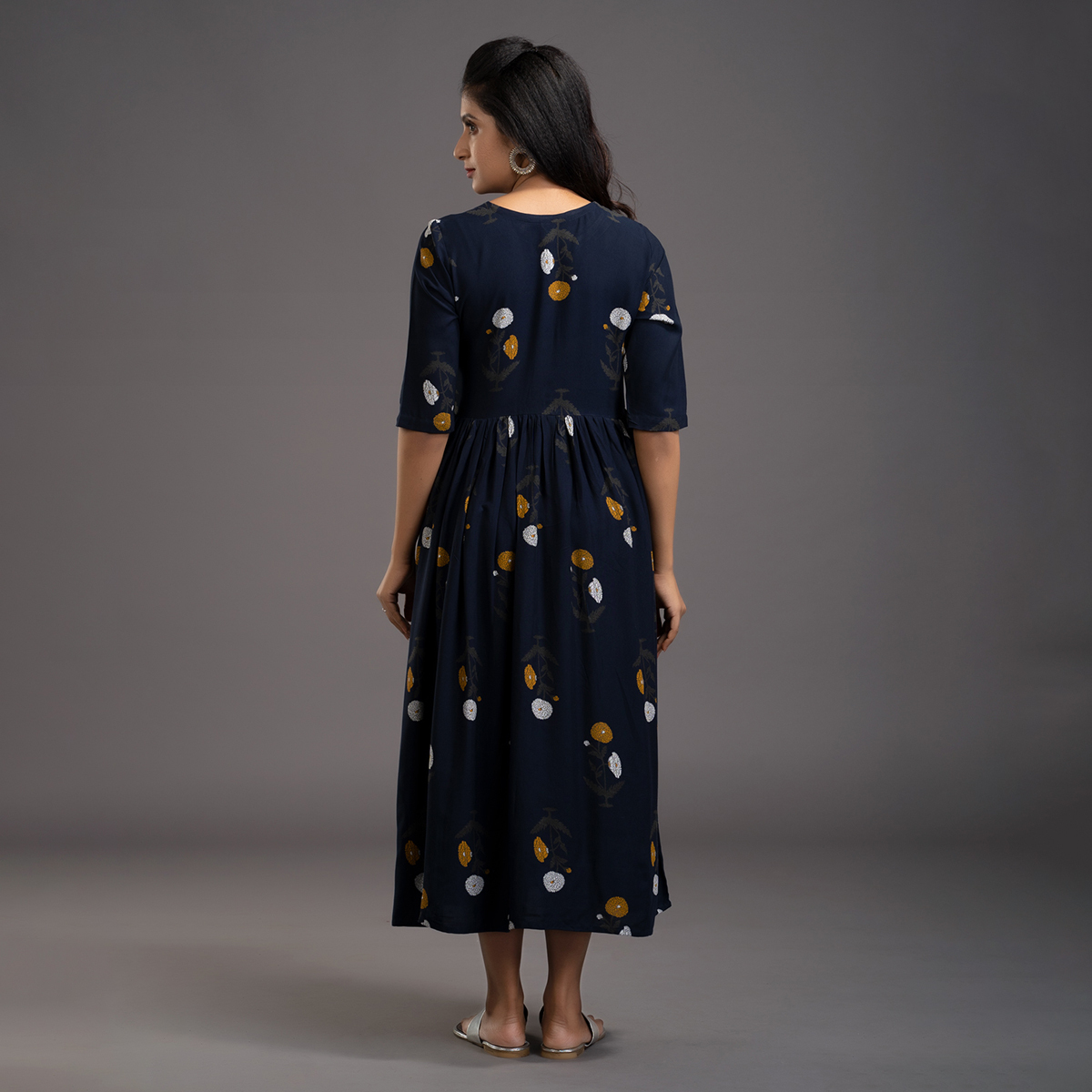 Zella Floral Printed Rayon Midi Dress styled with Patch pockets - Navy Blue