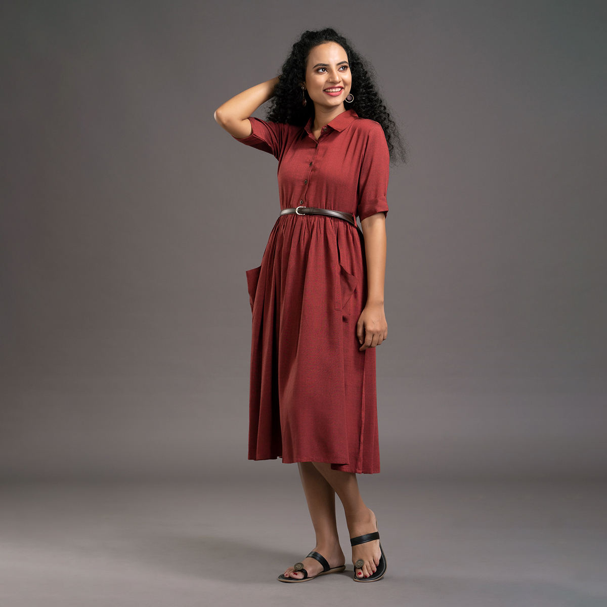 Zella Solid Color Shirt Midi Dress styled with Patch Pockets & Waist belt - Maroon