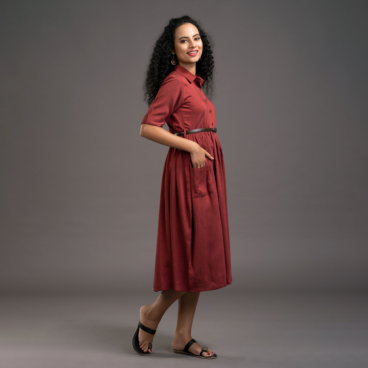 Zella Solid Color Shirt Midi Dress styled with Patch Pockets & Waist belt - Maroon
