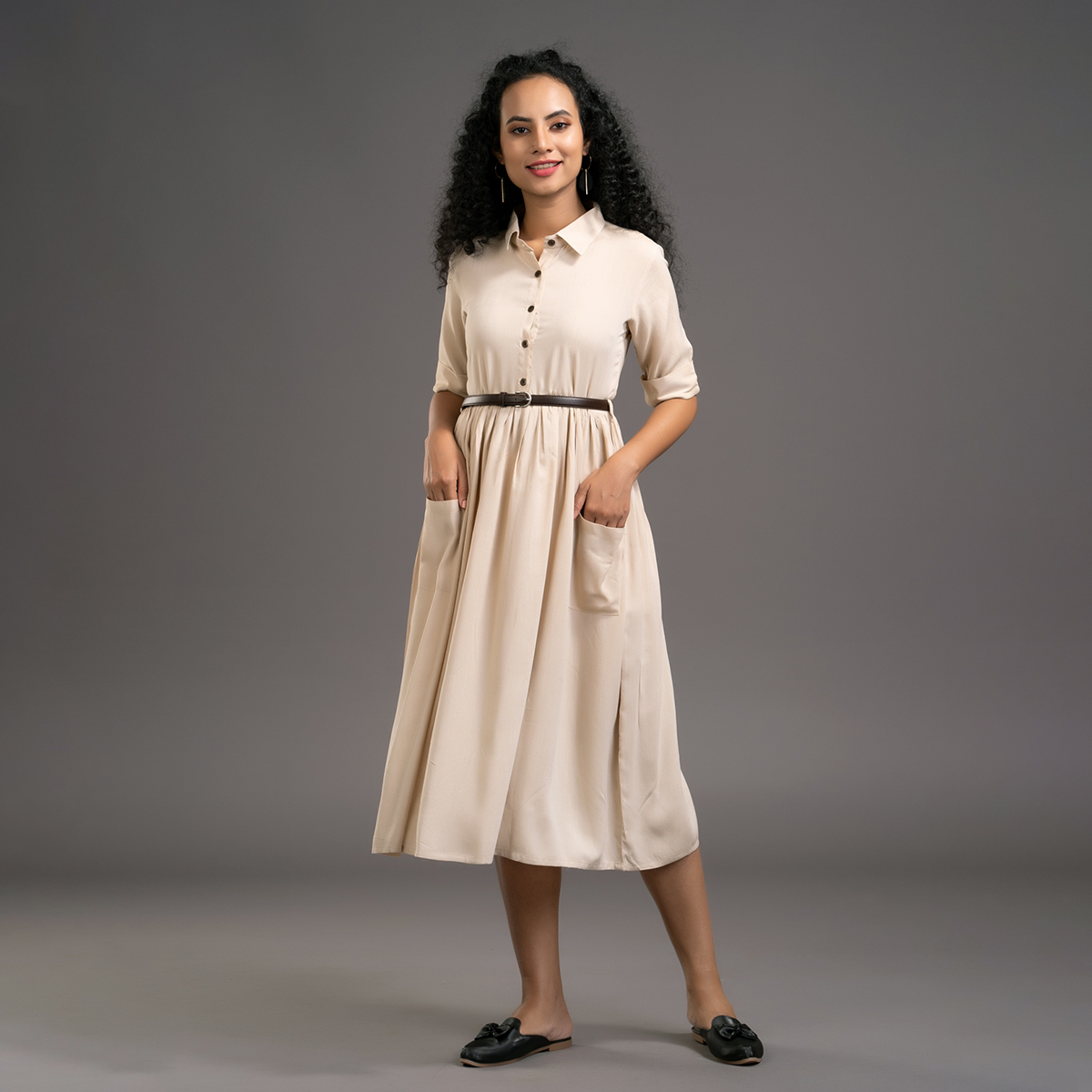 Zella Solid Color Shirt Midi Dress styled with Patch Pockets & Waist belt - Lt.Chikoo