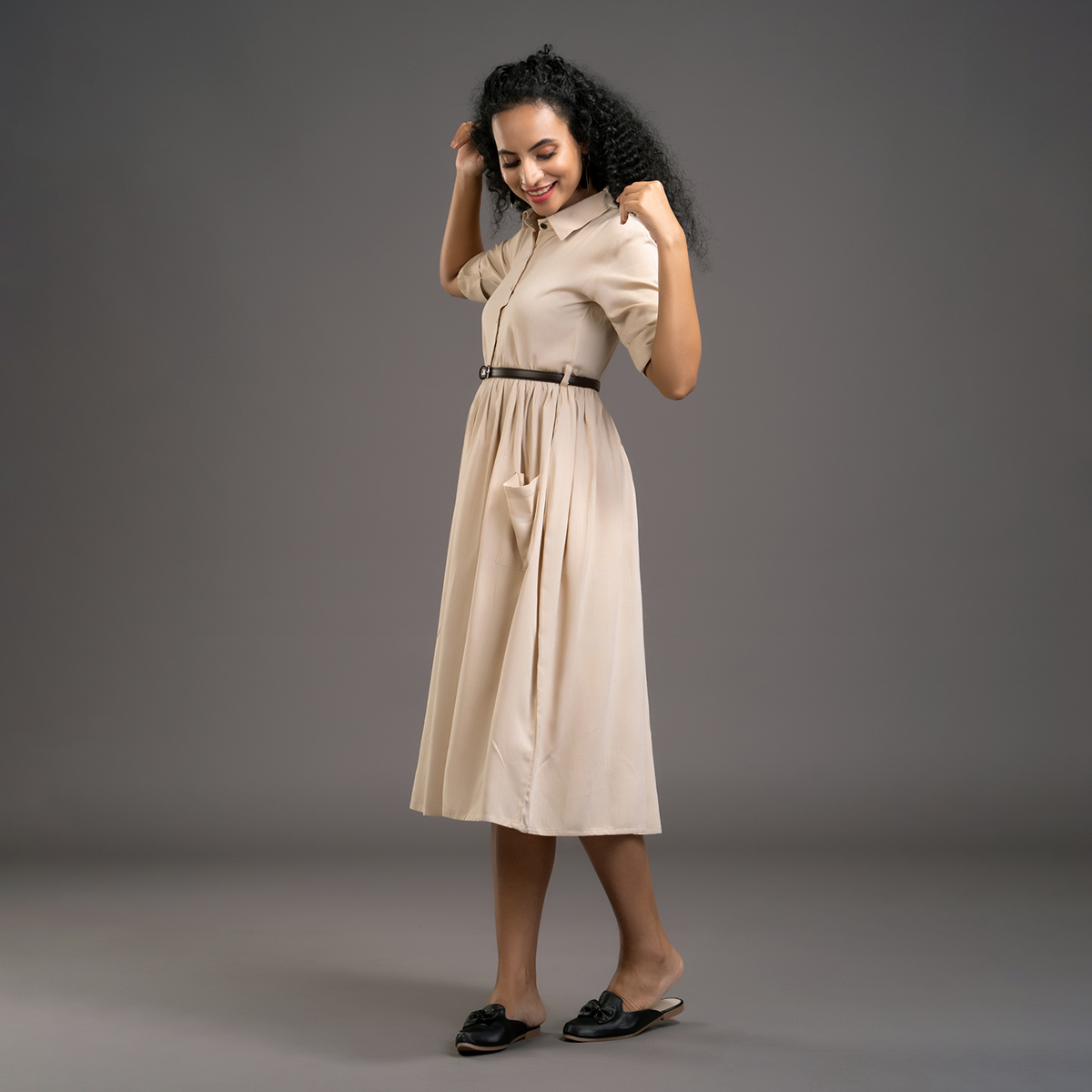 Zella Solid Color Shirt Midi Dress styled with Patch Pockets & Waist belt - Lt.Chikoo
