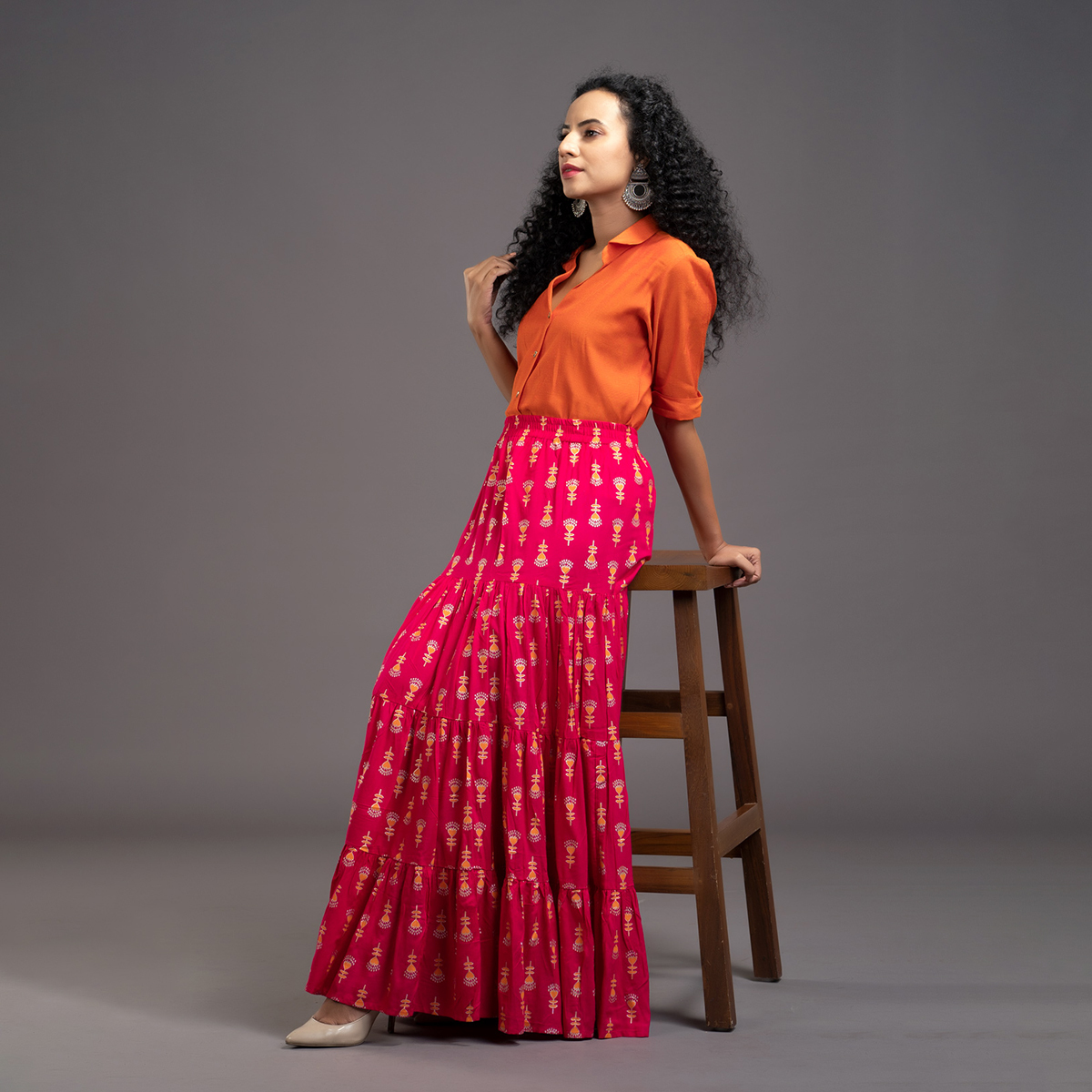 Zella Solid Color Cotton Silk Elbow Sleeve Shirt & Rayon Printed Tyre Skirt Set - Orange & Pink