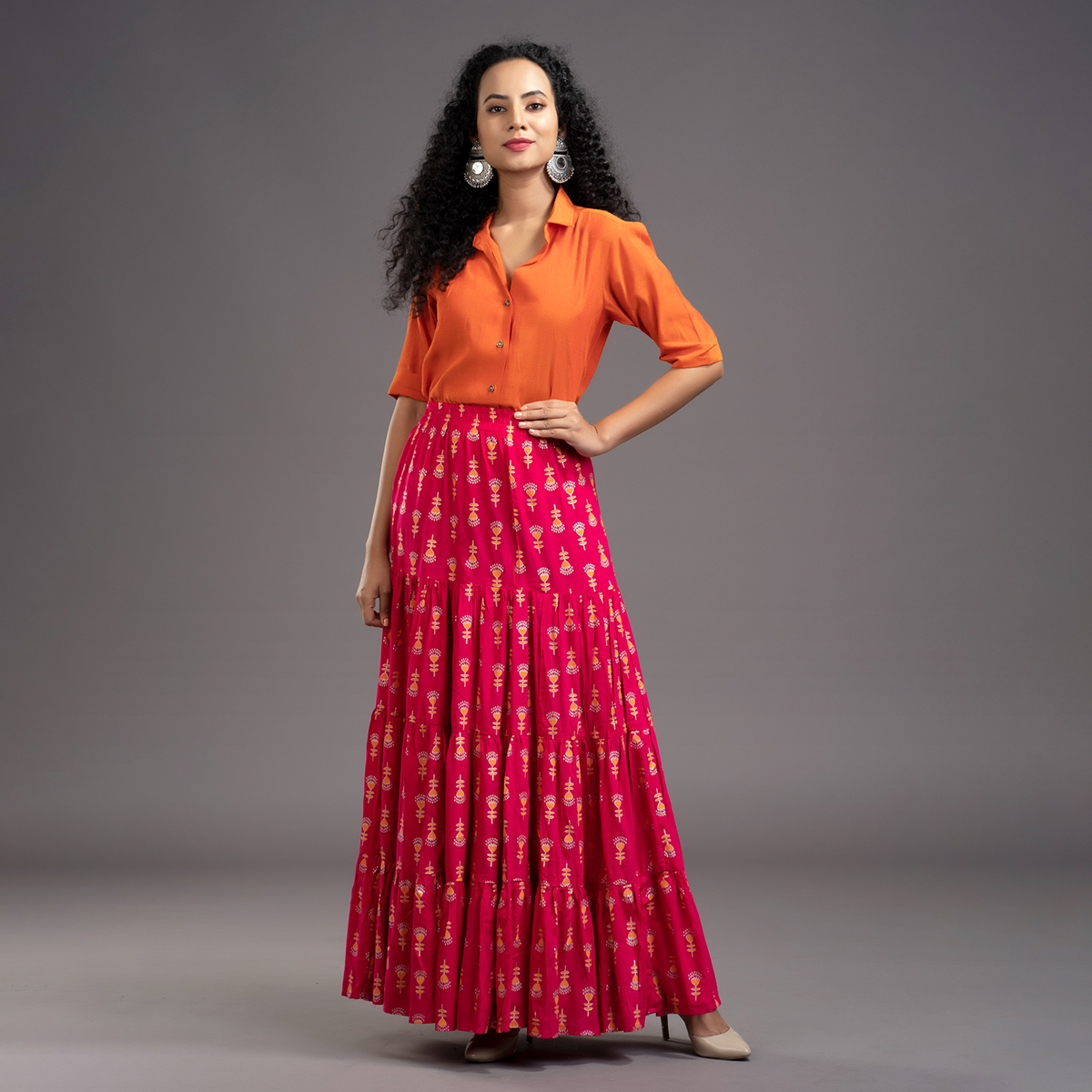 Zella Solid Color Cotton Silk Elbow Sleeve Shirt & Rayon Printed Tyre Skirt Set - Orange & Pink