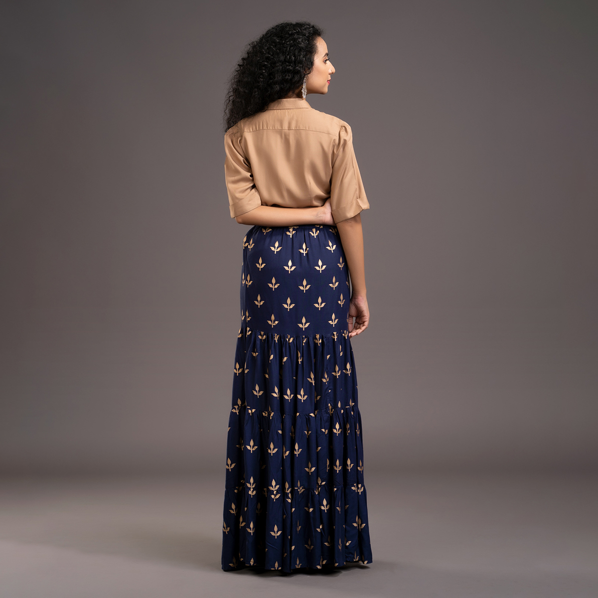 Zella Solid Color Elbow Sleeve Shirt & Foil Printed Tyre Skirt Set - Golden Beige & Navy blue