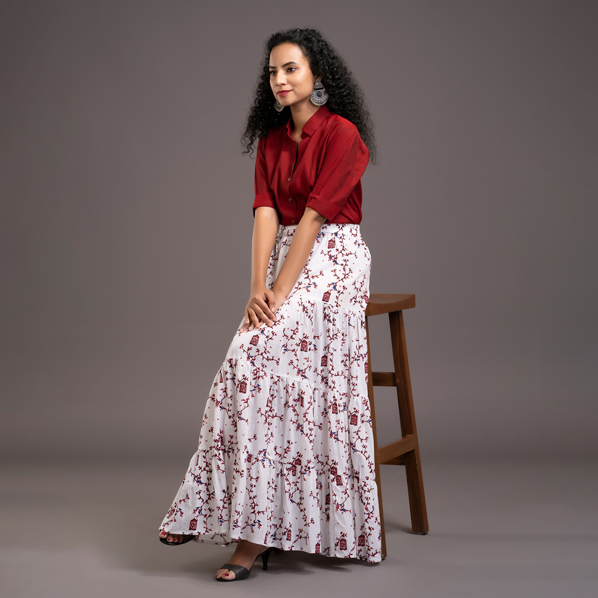 Zella Solid Color Cotton Silk Elbow Sleeve Shirt & Cotton Printed Tyre Skirt Set -  Maroon & white