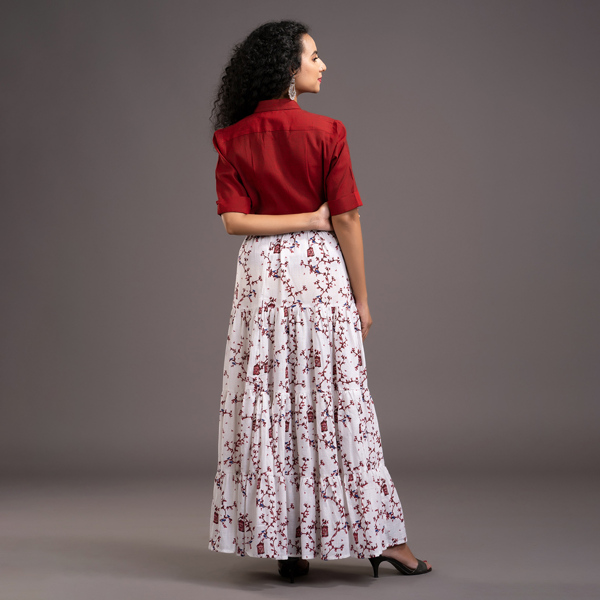 Zella Solid Color Cotton Silk Elbow Sleeve Shirt & Cotton Printed Tyre Skirt Set -  Maroon & white