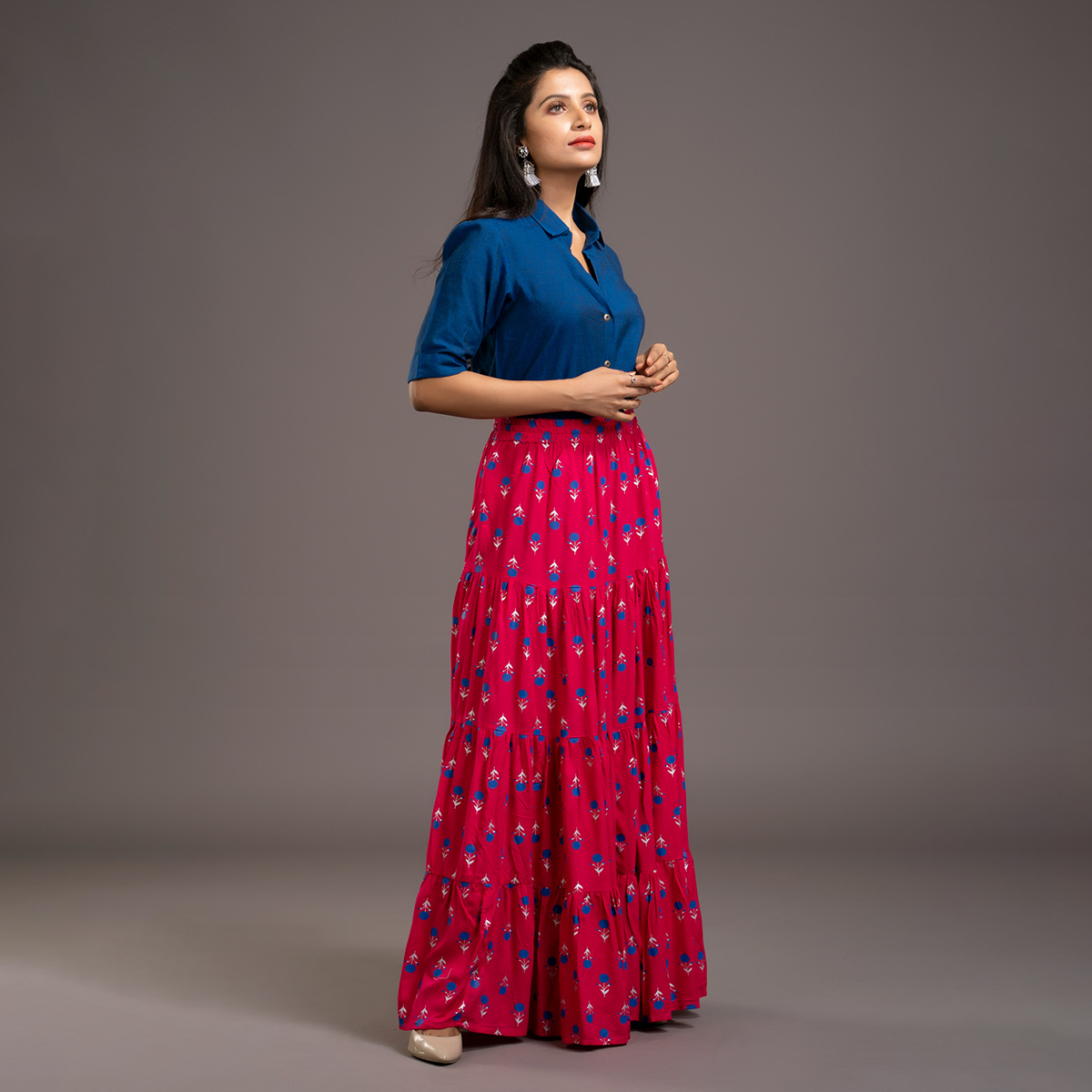 Zella Solid Color Cotton Silk Elbow Sleeve Shirt & Rayon Printed Tyre Skirt Set - Royal Blue & Majantha