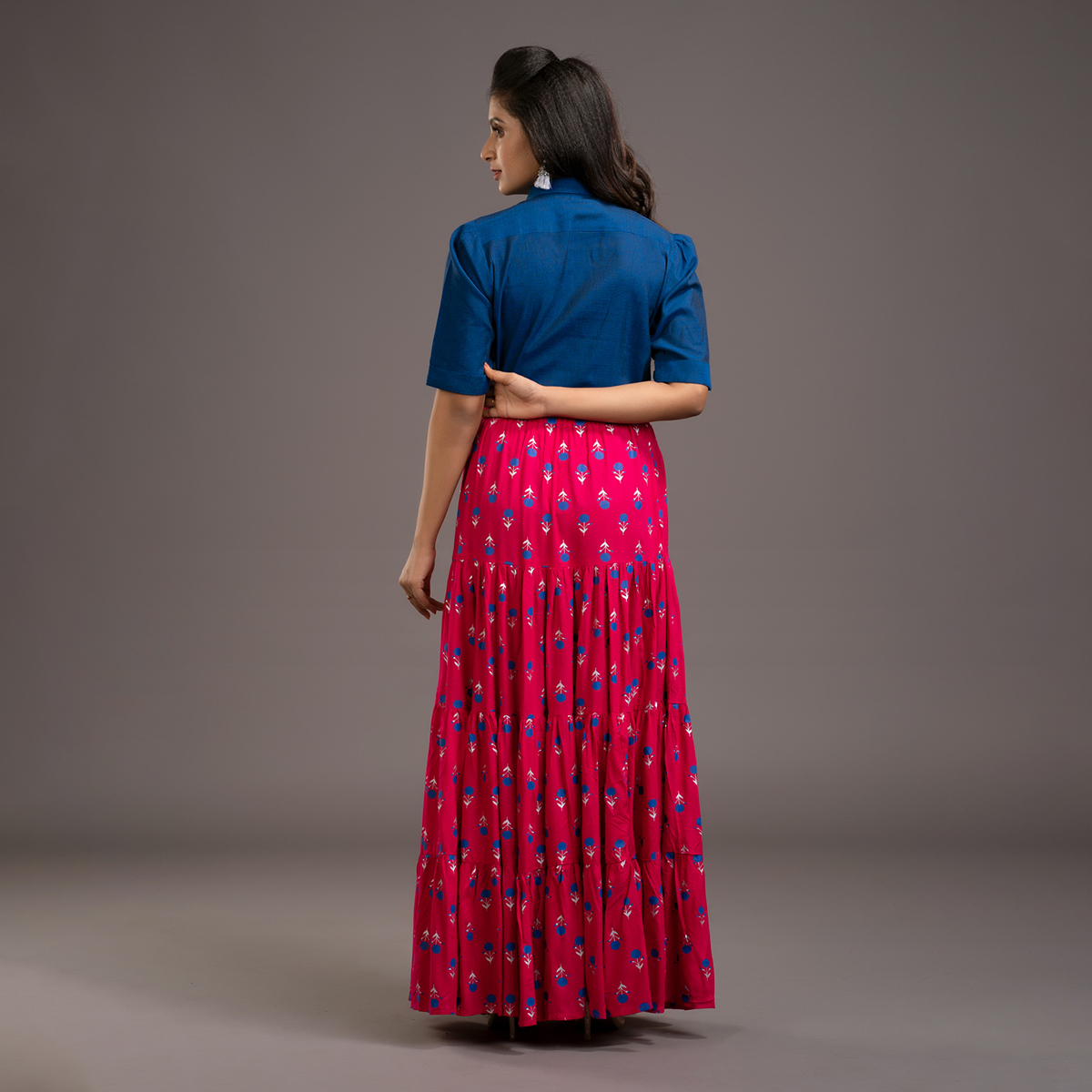 Zella Solid Color Cotton Silk Elbow Sleeve Shirt & Rayon Printed Tyre Skirt Set - Royal Blue & Majantha