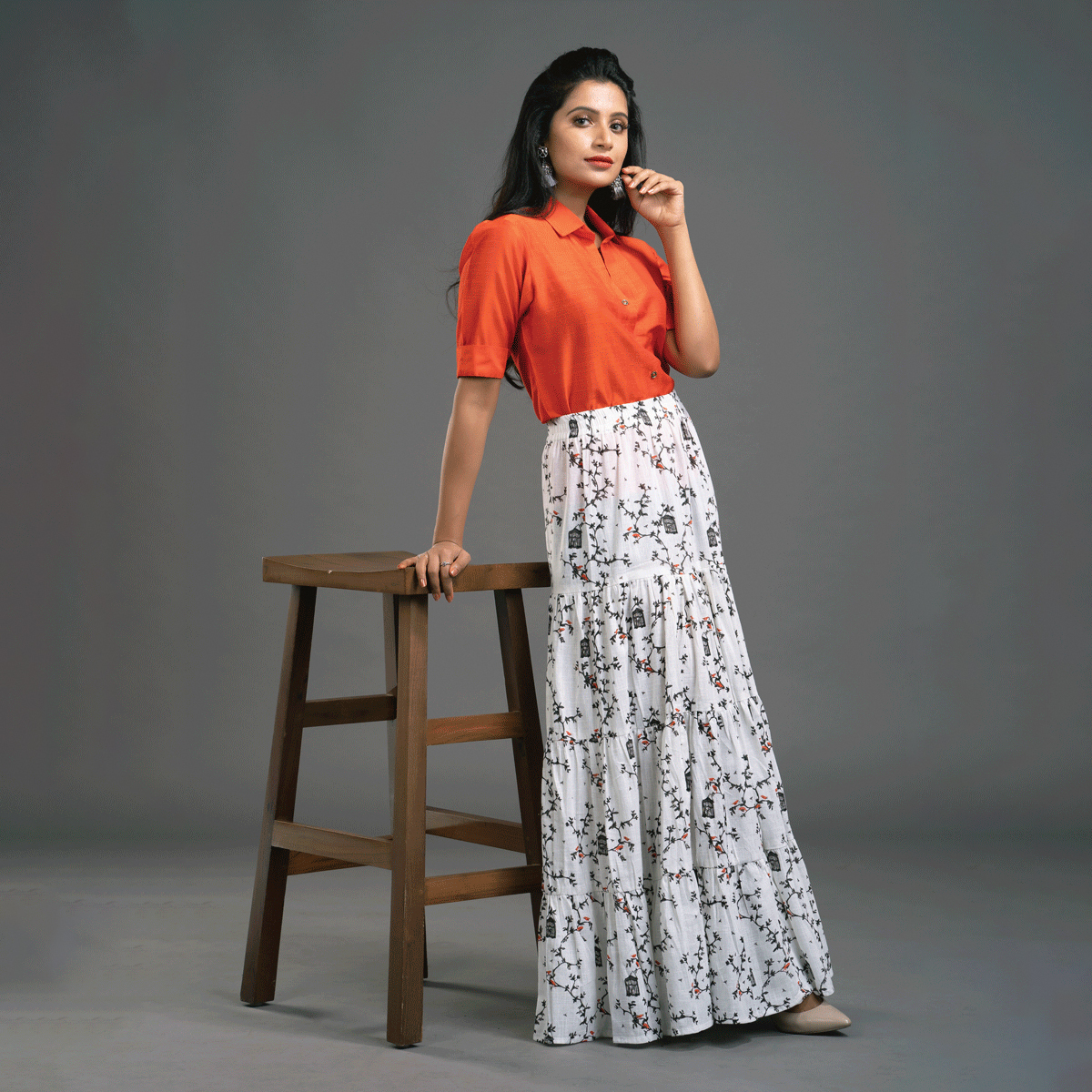 Zella Solid Color Cotton Silk Elbow Sleeve Shirt & Cotton Printed Tyre Skirt Set - Orange & White
