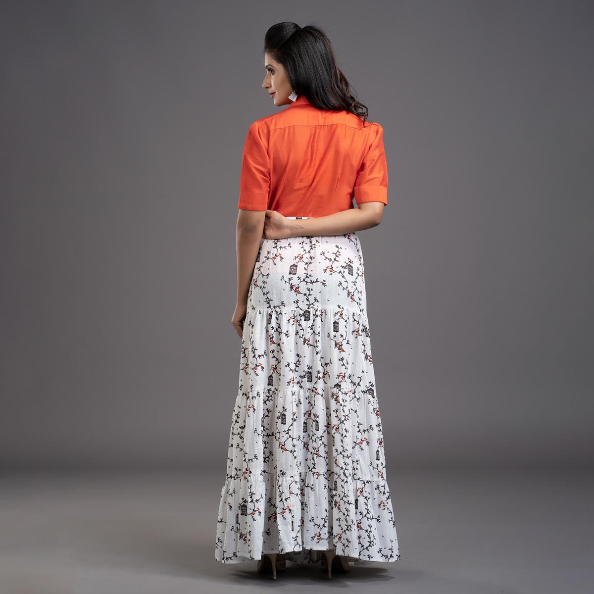 Zella Solid Color Cotton Silk Elbow Sleeve Shirt & Cotton Printed Tyre Skirt Set - Orange & White