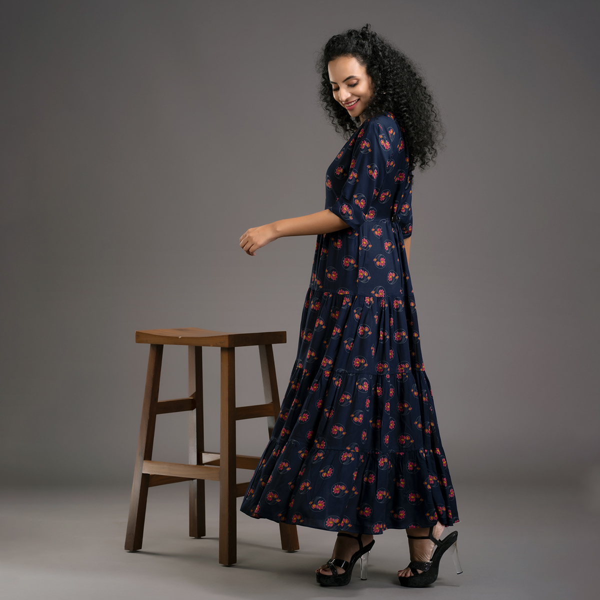 Zella Printed Rayon Ankle Length Tyred Frock styled with Key Hole Neck - Navy Blue