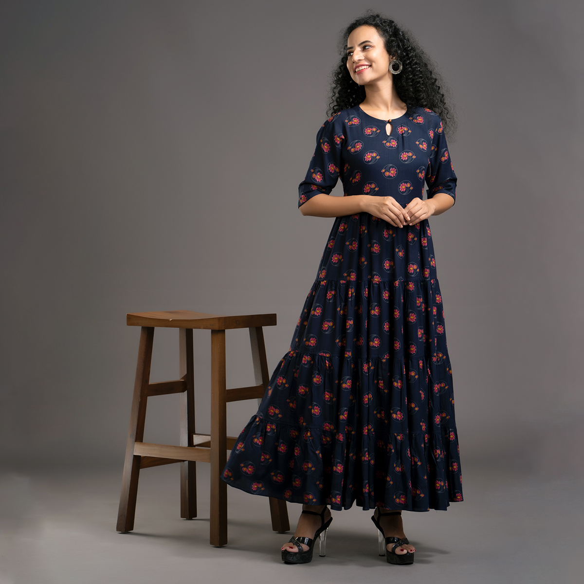 Zella Printed Rayon Ankle Length Tyred Frock styled with Key Hole Neck - Navy Blue