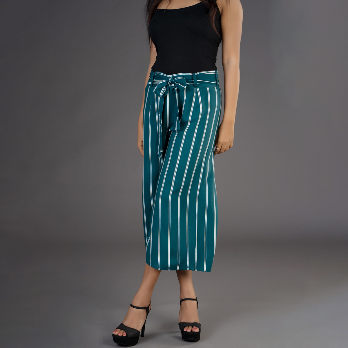 Zella Double Line Striped Cullotte with Waist Tie-Up Belt - Peacock Green