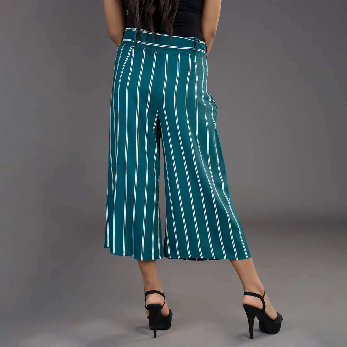 Zella Double Line Striped Cullotte with Waist Tie-Up Belt - Peacock Green