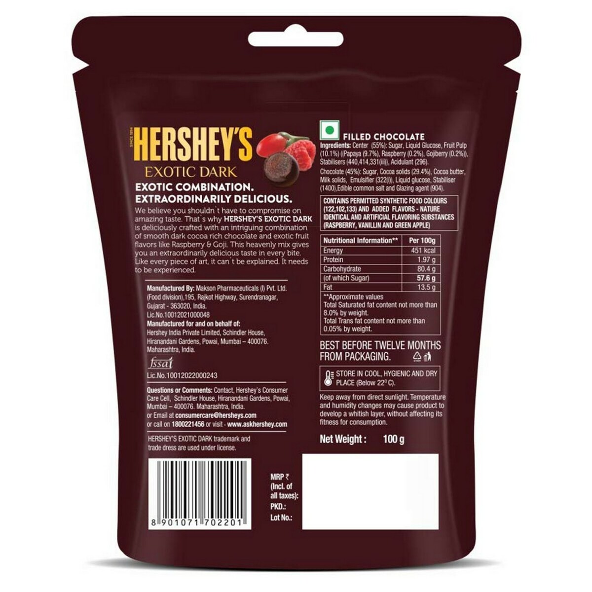 Hershey's Dark Chocolate Raspberry & Goji 100g